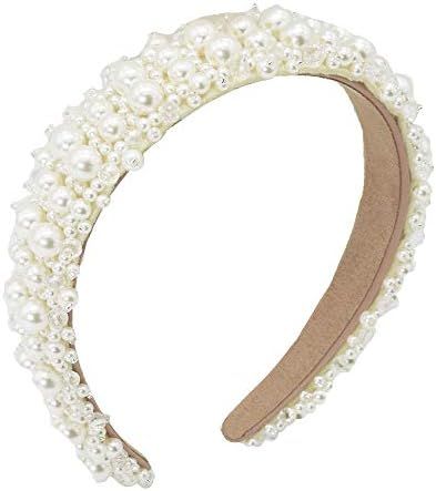 MHDGG Pearl Headbands for Women White Bling Faux Pearl Rhinestones Hairbands Bridal Hair Hoop Weddin | Amazon (US)