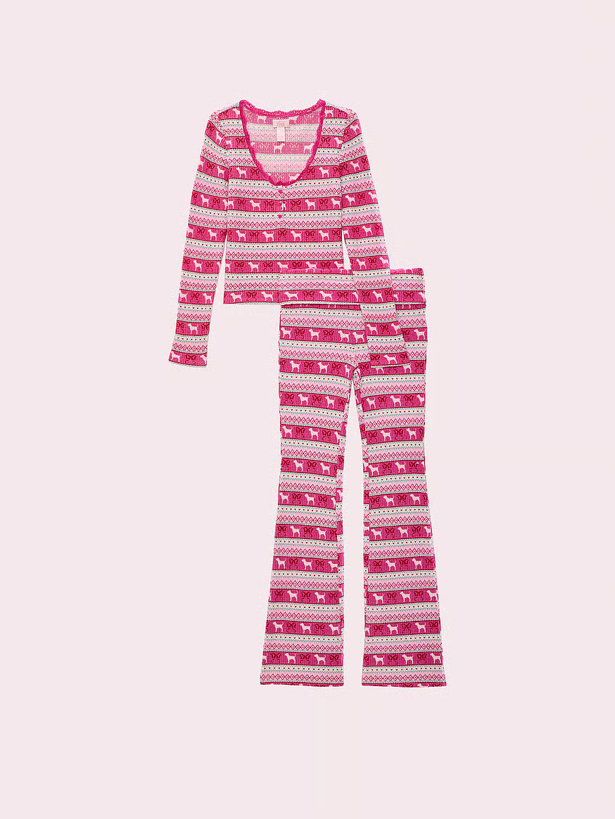 Buy PINK x LoveShackFancy Waﬄe Long Pajama Set, Peppermint Pink Fairisle - Order Pajamas Sets o... | Victoria's Secret (US / CA )