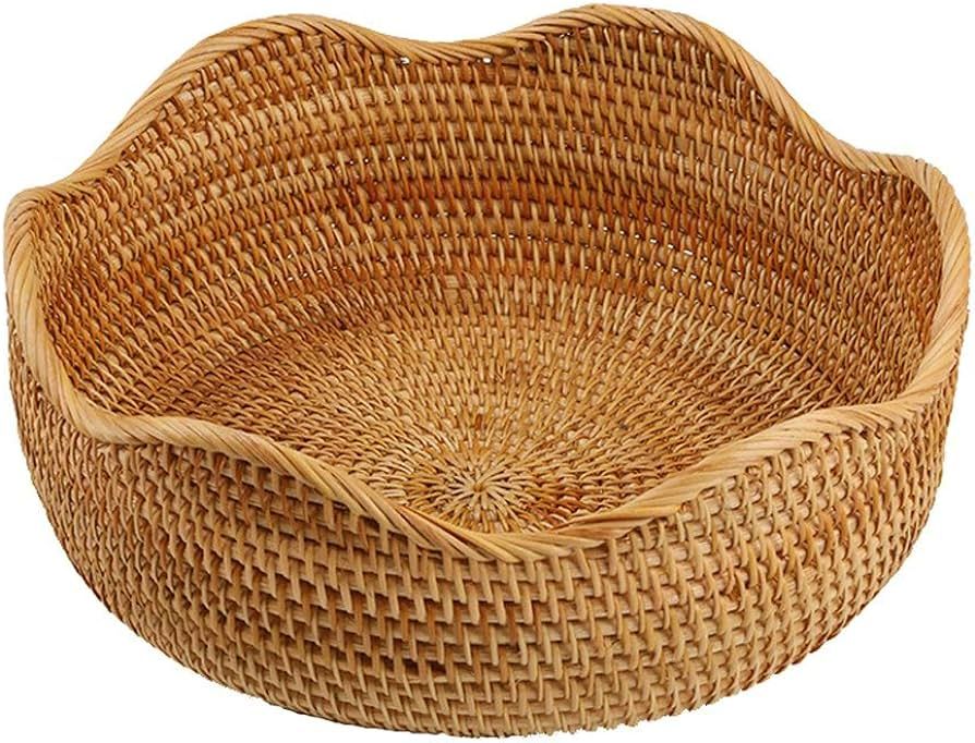 Handmade Rattan Round Fruit Basket Food Storage Bowls Kitchen Organizer Snack Serving Bowl, 11 In... | Amazon (US)