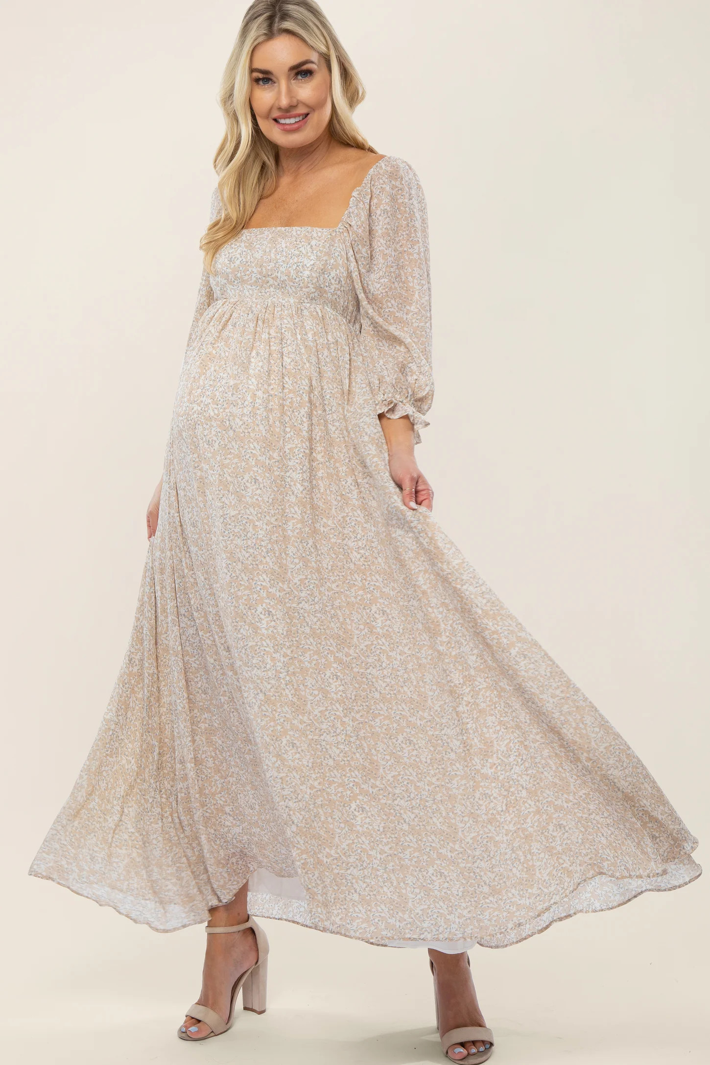 Beige Chiffon Printed Square Neck Empire Maternity Maxi Dress | PinkBlush Maternity