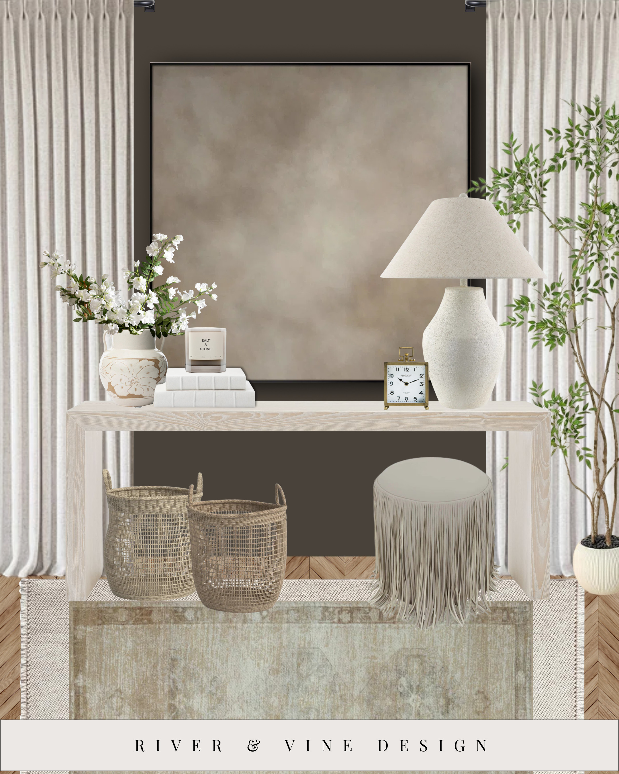 If your entryway or living room feels flat, this is why: it’s missing structure.

A console table moment like this instantly makes a space feel finished — even if the rest of the room is simple. The mix of height, texture, and soft contrast does all the work without cluttering the space.

Why this setup works so well:
• Tall artwork anchors the wall and creates a focal point
• Soft neutrals keep it light, while texture adds depth
• Functional styling (baskets, stools) makes it beautiful and practical

This is one of those upgrades that makes your home feel more intentional the second you walk in — no renovation required.

I linked the exact pieces so you can recreate this look or pull just one element into your own space.

👉 Tap to shop the full look! 

 #LTKHome