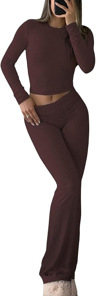 YETOWA Women's 2 Piece Lounge Set Long Sleeve Crop Top and High Waisted Flare Pants Soft Knit Lou... | Amazon (US)