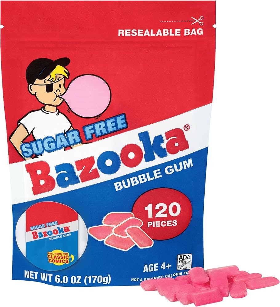 New Bazooka Sugar-Free Bubble Gum Pellets Bag - 120 Count Bulk Gum, Original Flavor, Resealable P... | Amazon (US)