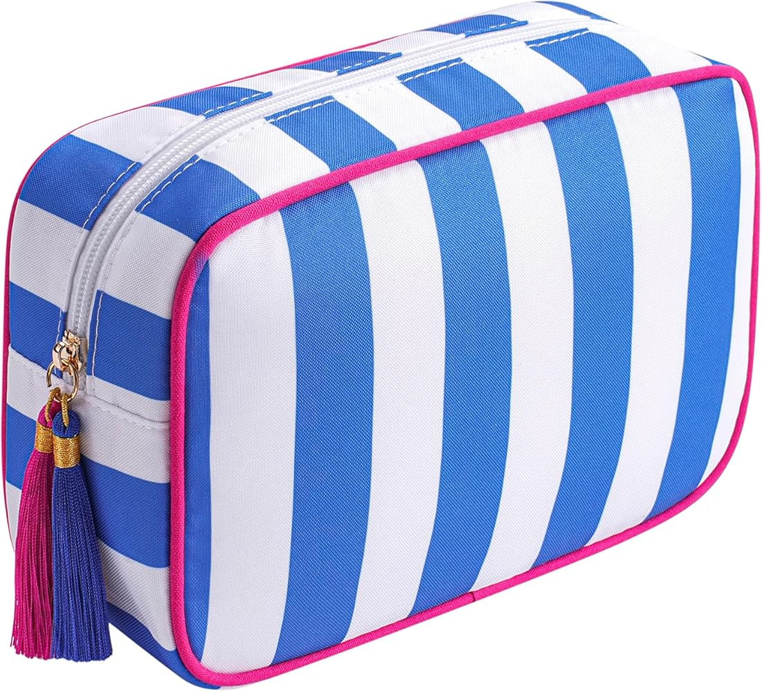 RSRSLEII Large Striped Zipper Makeup Bag, Aesthetic Tassel Travel Cosmetic Bag, Coquette Toiletry... | Amazon (US)