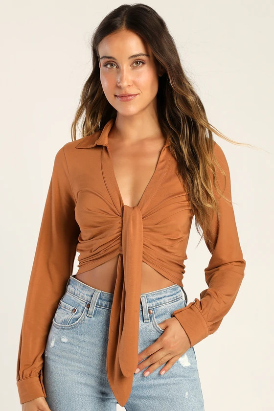 Born to Trend Rust Brown Long Sleeve Tie-Front Crop Top | Lulus (US)