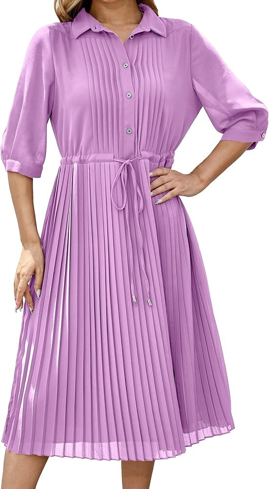 Women V Neck Long Sleeve Extra Long A-Line Dress Elegant Pleated Skirt Fashion Dress Spring Summe... | Amazon (US)