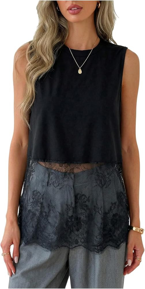 Verdusa Women's Sheer Lace Tank Tops Sleeveless Going Out Tops for Summer Rave Club | Amazon (US)