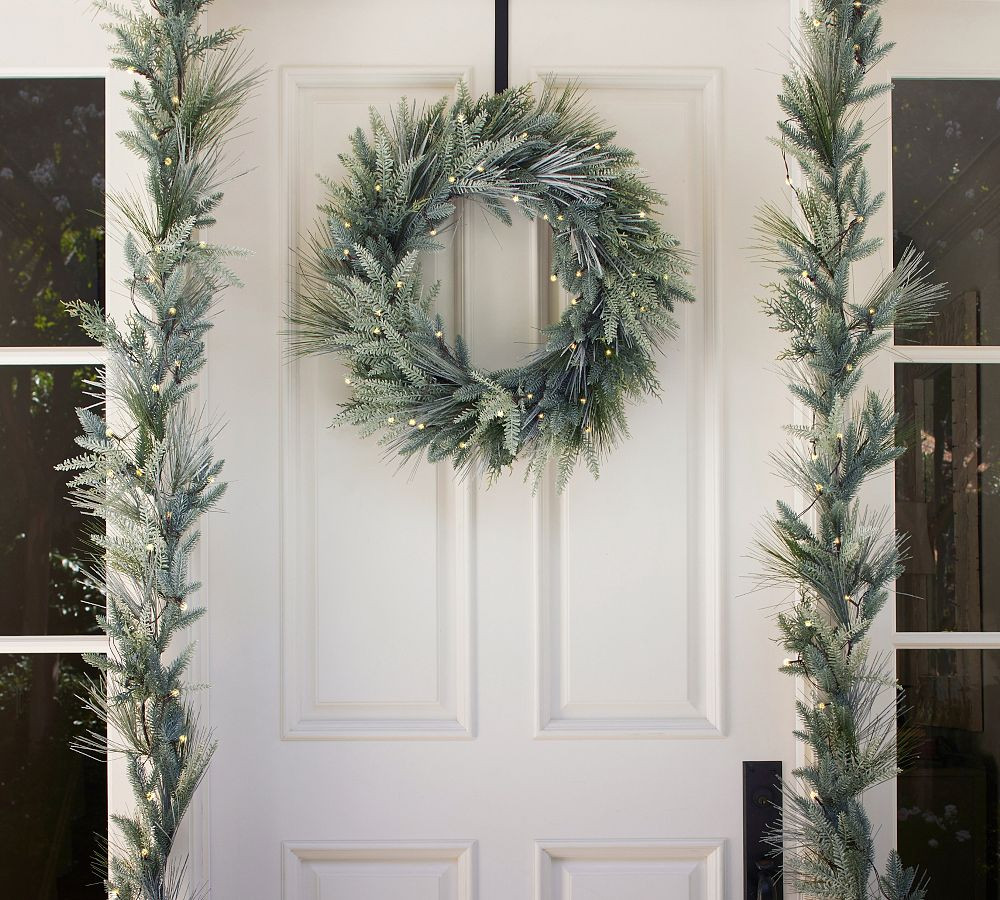 Lit Faux Flocked Pine Wreath & Garland | Pottery Barn (US)