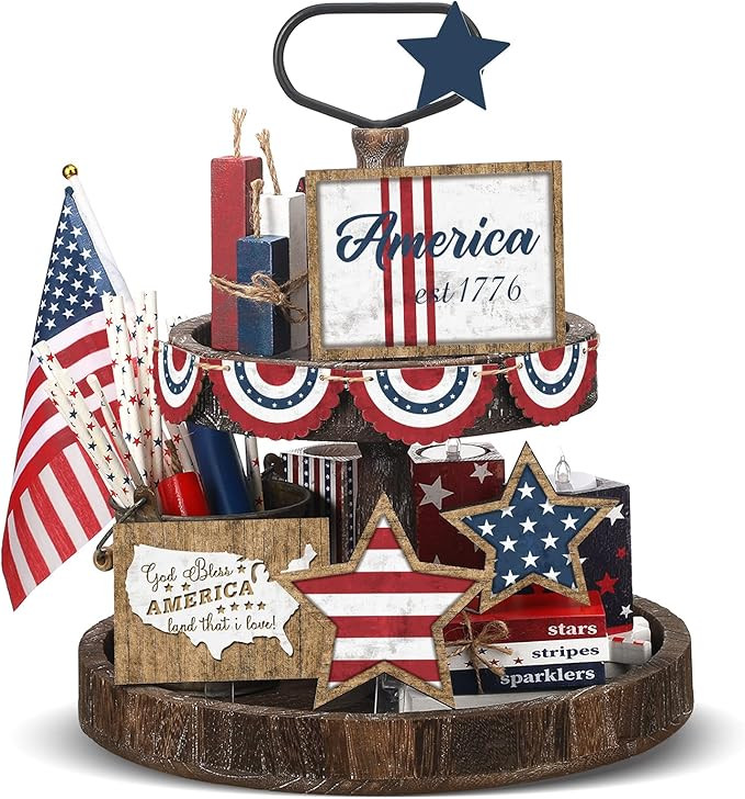 13 Pcs 4th of July Patriotic Tiered Tray Decor Set Patriotic Independence Day Decoration Rustic F... | Amazon (US)