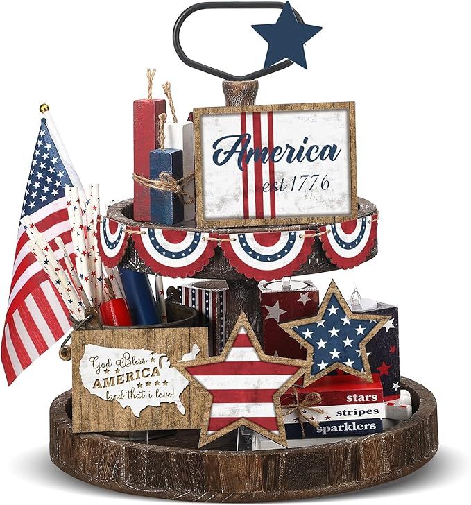 13 Pcs 4th of July Patriotic Tiered Tray Decor Set Patriotic Independence Day Decoration Rustic F... | Amazon (US)