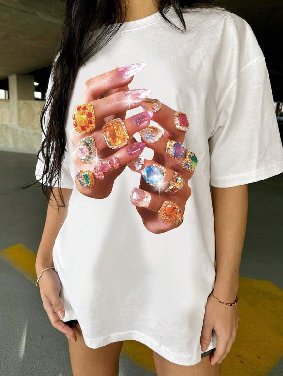 INAWLY Women's Round Neck Pink Nail Hand Graphic Loose Casual Everyday T-Shirt | SHEIN