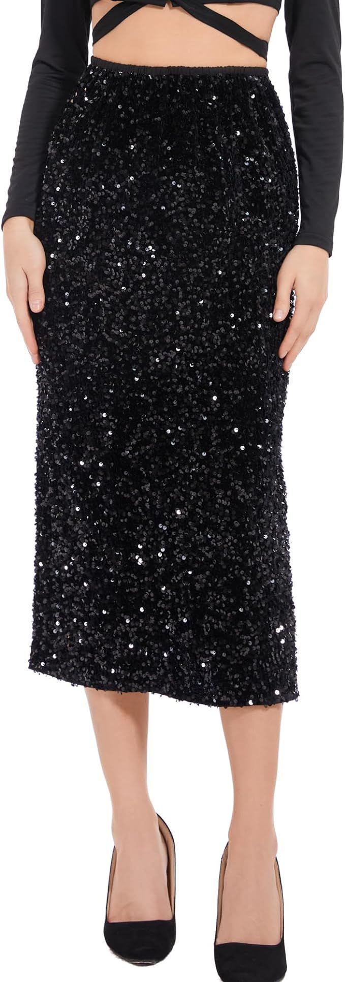 Dwirapal Women’s Sequin Velvet Skirt Elastic High Waist Sparkle Split Hem Night Out Party Maxi ... | Amazon (US)