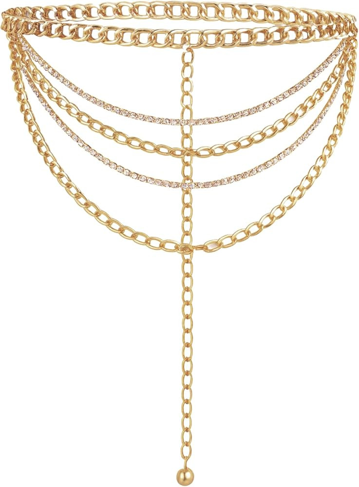 Multilayer Rhinestone Chain Belt, Cuban Crystal Sparkly Belly Chains Gold Sparkly Waist Chains, F... | Amazon (US)