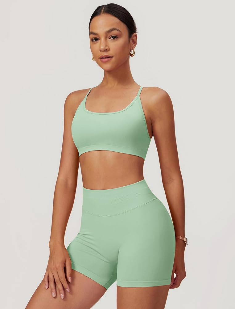 ABOCIW 2 Piece Seamless Workout Sets for Women Scoop Neck Strappy Sports Bra Scrunch Butt Lifting... | Amazon (US)