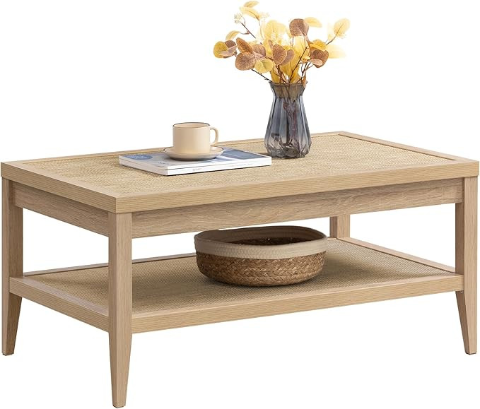 SICOTAS Rattan Coffee Table for Living Room - Boho Rectangular Dining Center Table with 2 -Tiers ... | Amazon (US)