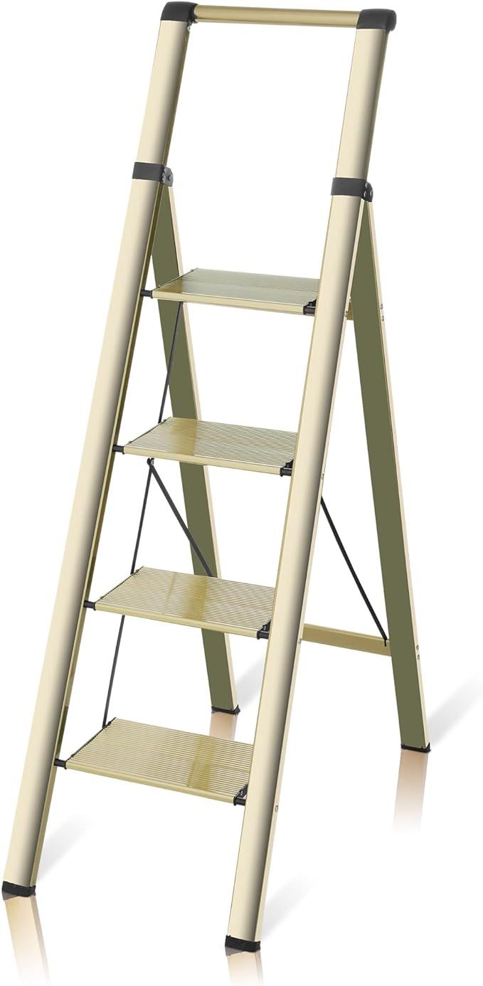 flygeneral 4 Step Ladder, Gold Aluminum Folding Ladder Stool, Wider Upgraded Non-Slip Treads, Por... | Amazon (US)
