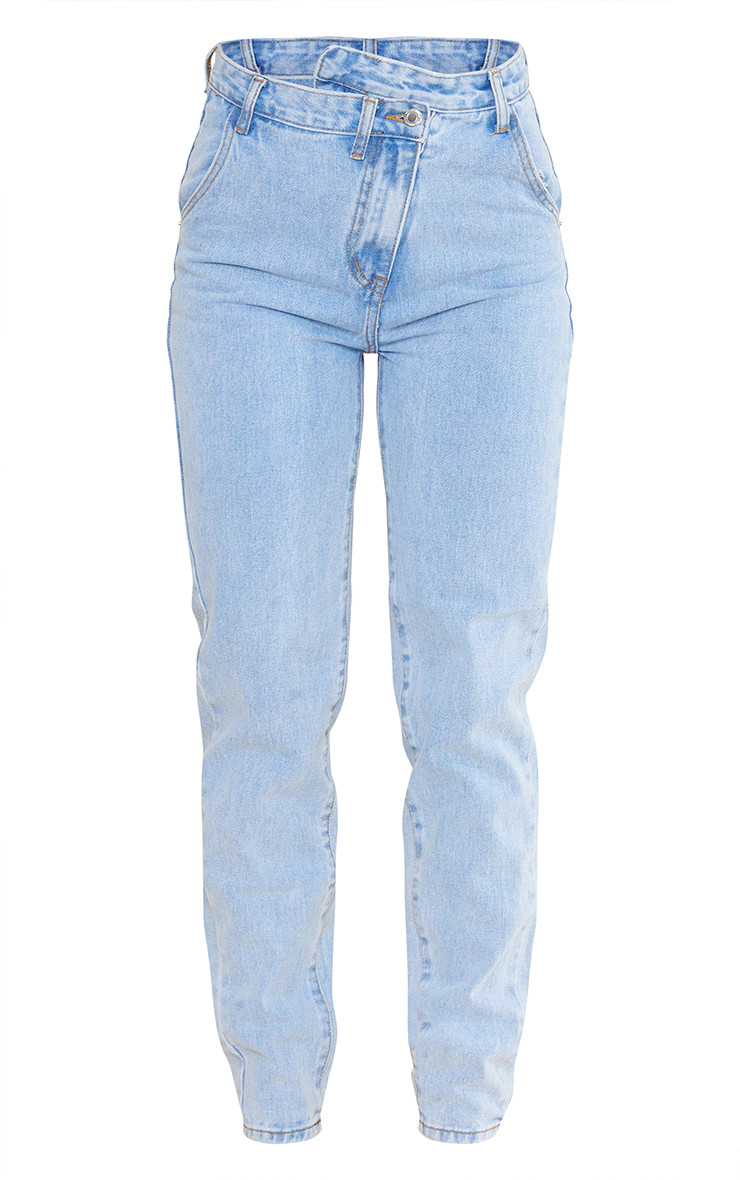 Light Blue Wash Asymmetric Waistband Long Straight Leg Jeans | PrettyLittleThing US