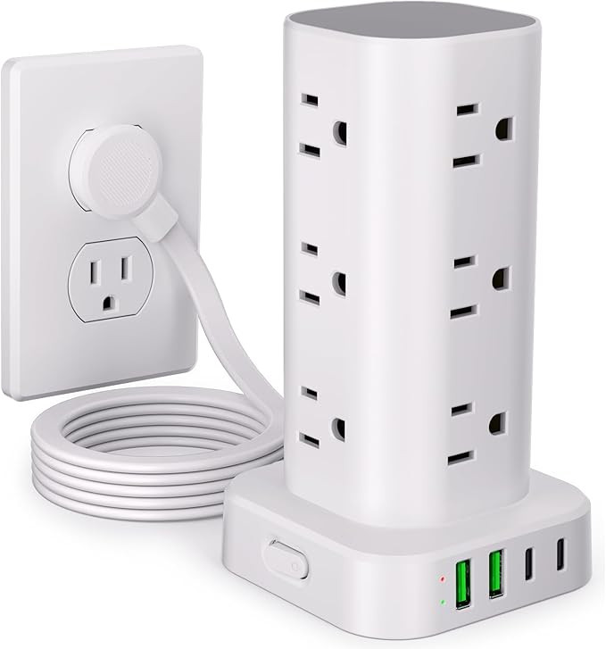Power Strip Tower with Multiple Outlets, Flat Plug Surge Protector Tower Extension Cord with 12 A... | Amazon (US)