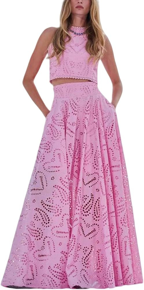 utcoco Womens 2025 Summer Eyelet Lace Embroidered Two Piece Sleeveless Hollow Out Vests Maxi Skir... | Amazon (US)