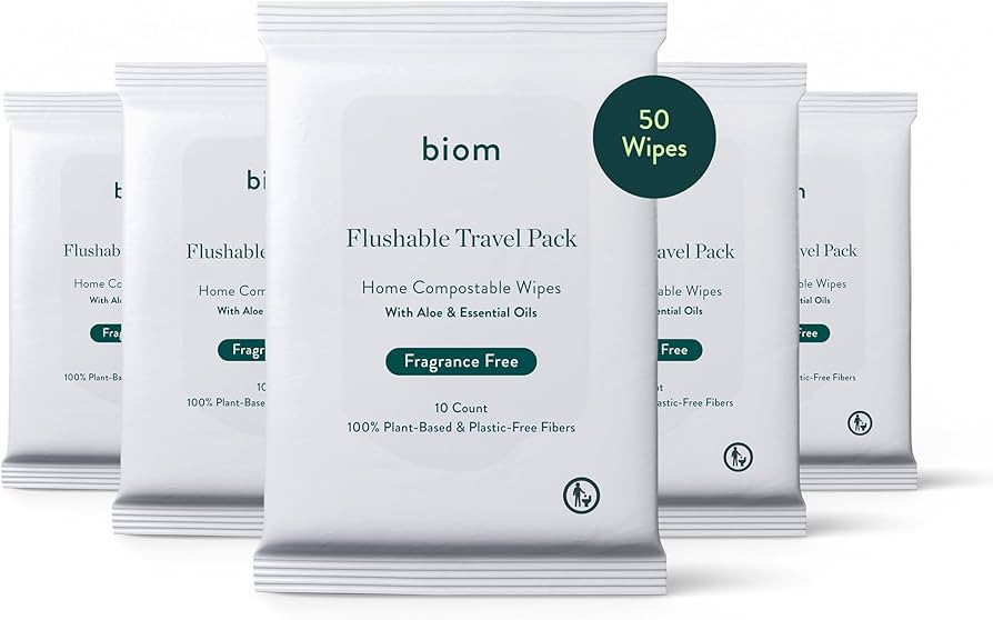 Biom Flushable Wipes -Travel Size 5 pack(50 Wipes) -Plastic-Free Plant Fiber, Fragrance-Free and ... | Amazon (US)