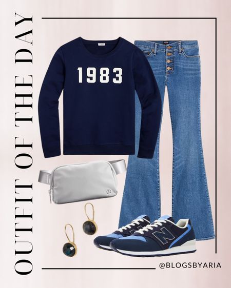 Outfit of the day, 1983 navy sweater flared jeans belt bag, navy sneakers

#LTKFind #LTKSeasonal #LTKstyletip