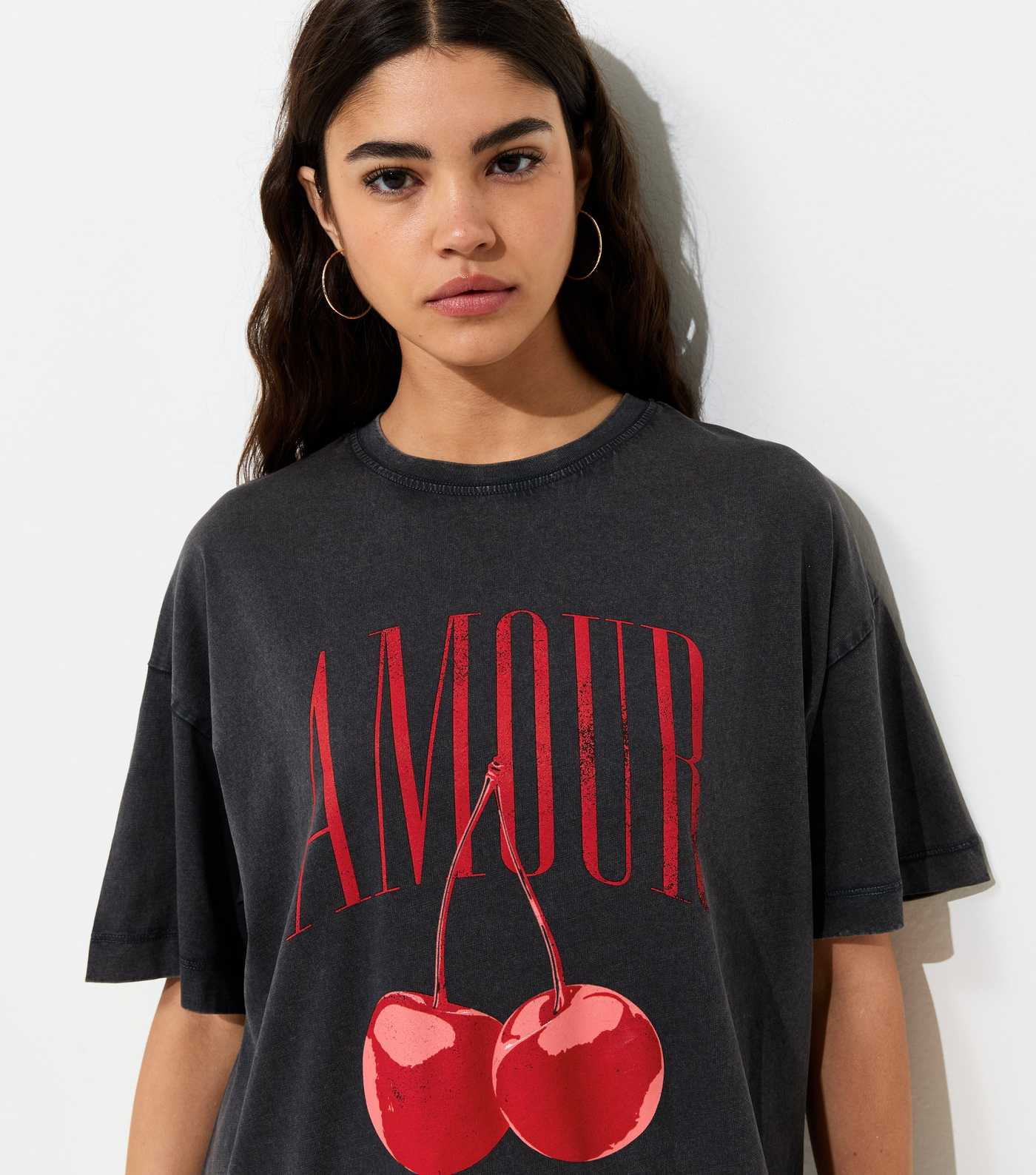 Dark Grey Cotton Amour Cherry Print Acid Wash Oversized T-Shirt | New Look | New Look (UK)