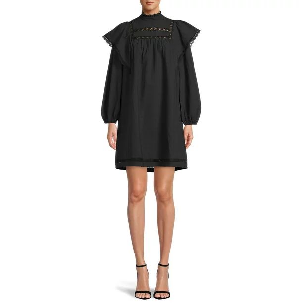 The Get Women's Lace Trim Mini Dress with Long Sleeves - Walmart.com | Walmart (US)