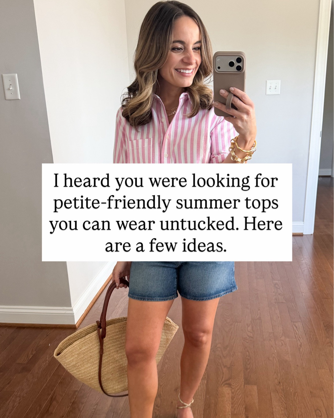 I heard you were looking for summer tops you can wear untucked! 

Outfit 1 
Striped pink top: xxs 
Shorts: 25 - sized up 

Outfit 2
Striped blue top: xxs 
Jeans: 24 extra short in obsidian blue 

Outfit 3
Cardigan: xs 
Pants: petite 00/24 - 24” inseam, size down if you can 

Outfit 4 
Cardigan: xs 
Shorts: 24 

Outfit 5 
Chambray top: xxs
Linen striped shorts: xxs 

Outfit 6
Red peplum: petite xxs 
Ecru skort: 00 

Outfit 7 
Pink shorts: xxs 
Pink printed top: petite xxs 

Outfit 8 
Sweater fray top: petite xxs 
Skort: 00 

Outfit 9 
Peplum top: xxs 
Olive shorts: petite 00/xxs

Outfit 10
Boho top: xxs 
Jeans: 24 short 

My measurements for reference: I’m 4’10” and 105lbs. My bust, waist, and hip measurement is 32”, 24”, and 36”.