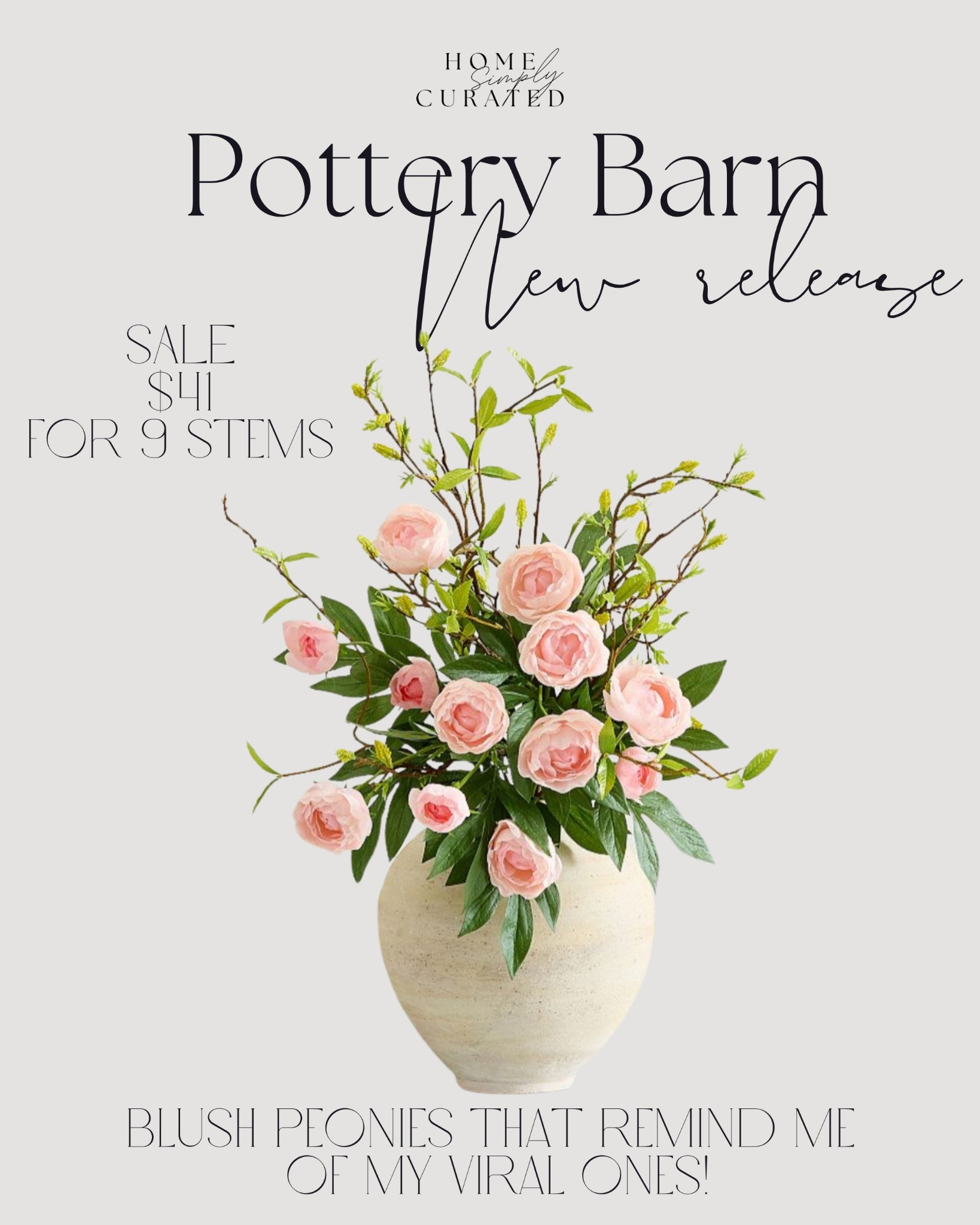 SALE!! These blush peonies remind me so much of my viral peonies!! They are so perfect for spring! 🌸 This arrangement is $41 for 9 stems as pictured! Bundle includes 5 peony and 4 willow blossoms with approximately 9 stems. Pink peonies, pottery barn, viral Michael’s flowers

#LTKSaleAlert #LTKHome #LTKSeasonal