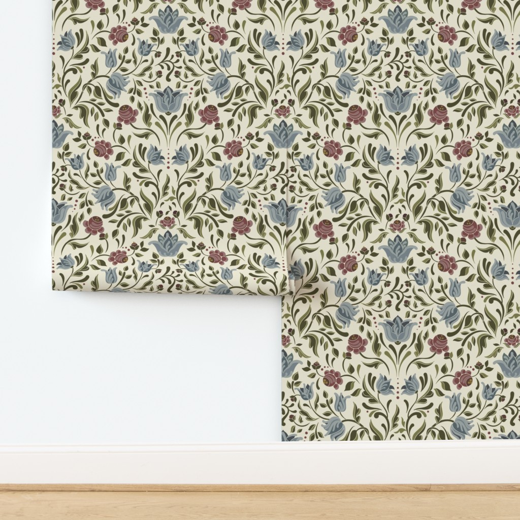 Rosalie Folk Floral In Cream Red and Green Wallpaper | Spoonflower | Spoonflower