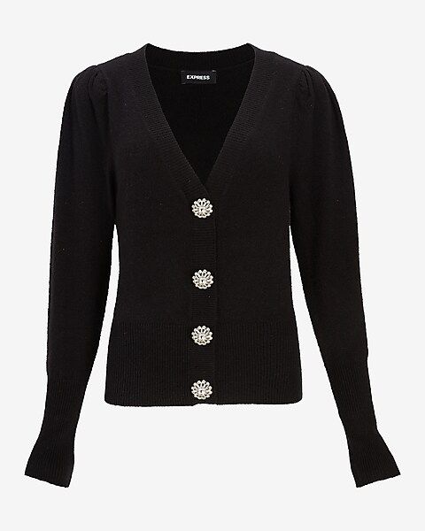 Jewel Embellished Button Up Puff Sleeve Cardigan | Express