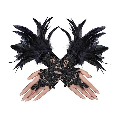 Women's Black Feather Lace Long Gloves Halloween Feather Gloves Adult Lace UP Fingerless Gloves for Women Wrist Cuffs Sleeve Black Gloves with Feathers Costume Accessories Pack of 2 Black One Size | Amazon (US)