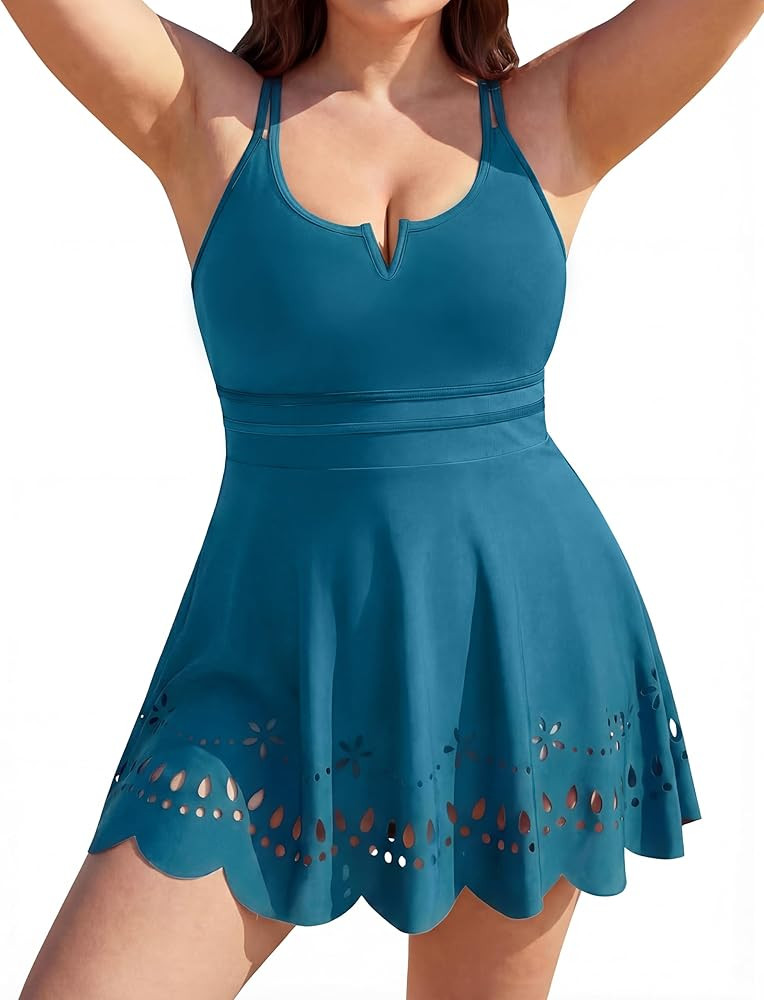 Blooming Jelly Women's Plus Size One Piece Swimsuit Tummy Control Bathing Suit V Neck Swim Dress | Amazon (US)