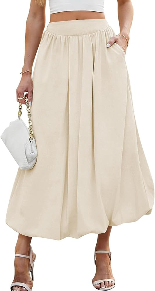 Poetsky Women's Summer Bubble Maxi Skirt Elastic Waist Puffy Hem A-Line Long Skirt with Pockets | Amazon (US)