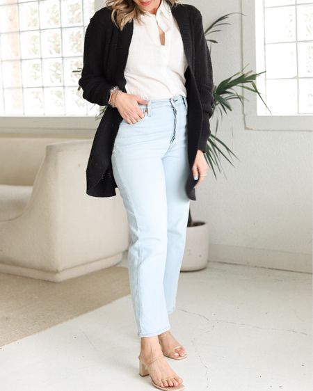 Amazon fashion basics I love - white button up, black open front cardigan, Levi’s jeans and heels 

#LTKunder50