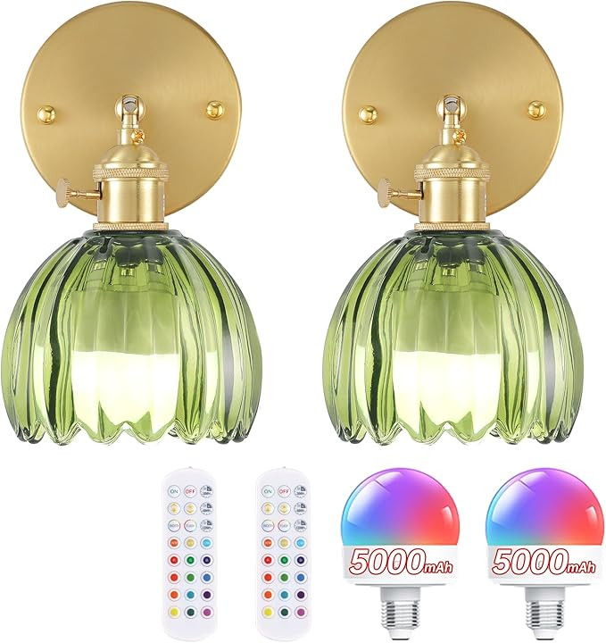 Vintage 5000 mAh Battery Operated Wall Sconce with Green Tulip Glass Lampshade Rechargeable Batte... | Amazon (US)