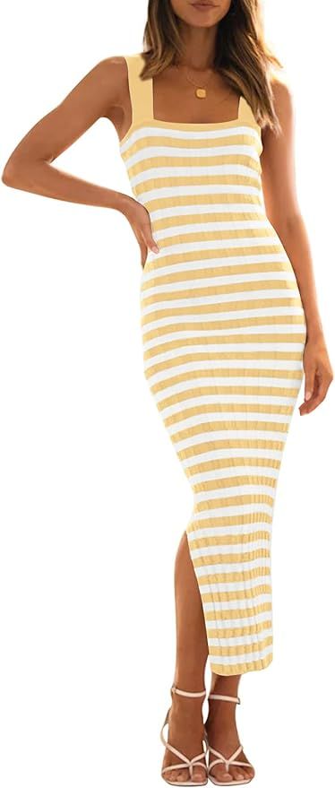 MEROKEETY Women's 2024 Summer Striped Knit Bodycon Midi Dress Square Neck Side Slit Tank Ribbed S... | Amazon (US)