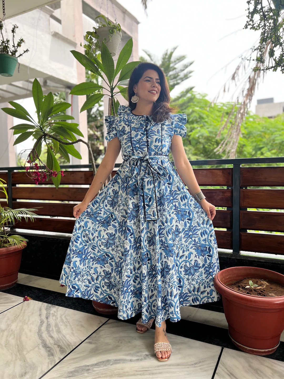 Hand Block Printed Dress Summer Maxi Dress Cotton Indian Floral Dress White & Blue Dress Handmade... | Etsy (US)