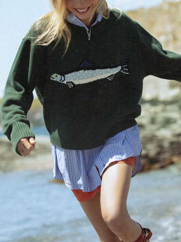 Women Fish Graphic Knit Sweater Y2k Long Sleeve Crew Neck Loose Sweaters Vintage Goth Pullover Kn... | SHEIN