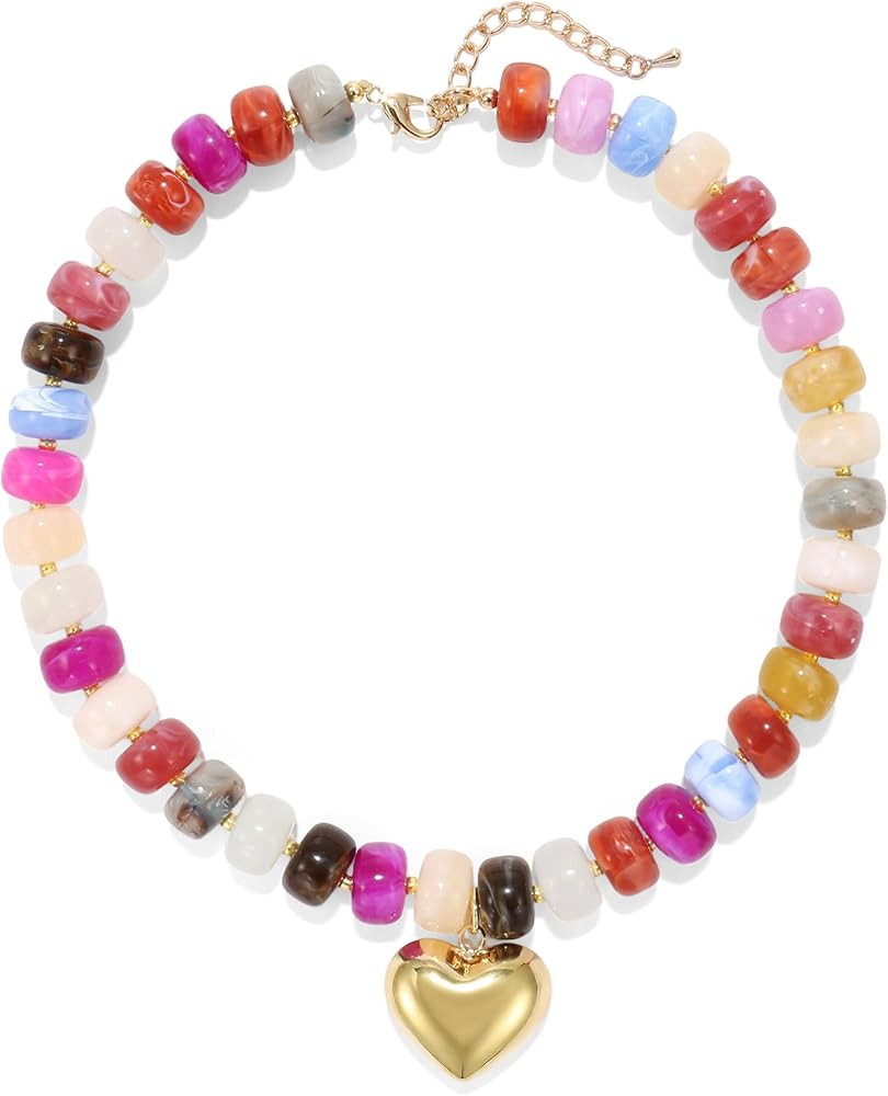 Chunky Heart Necklace for Women, Colorful Acrylic Beaded Statement Puff Heart Necklace, Cute Boho... | Amazon (US)