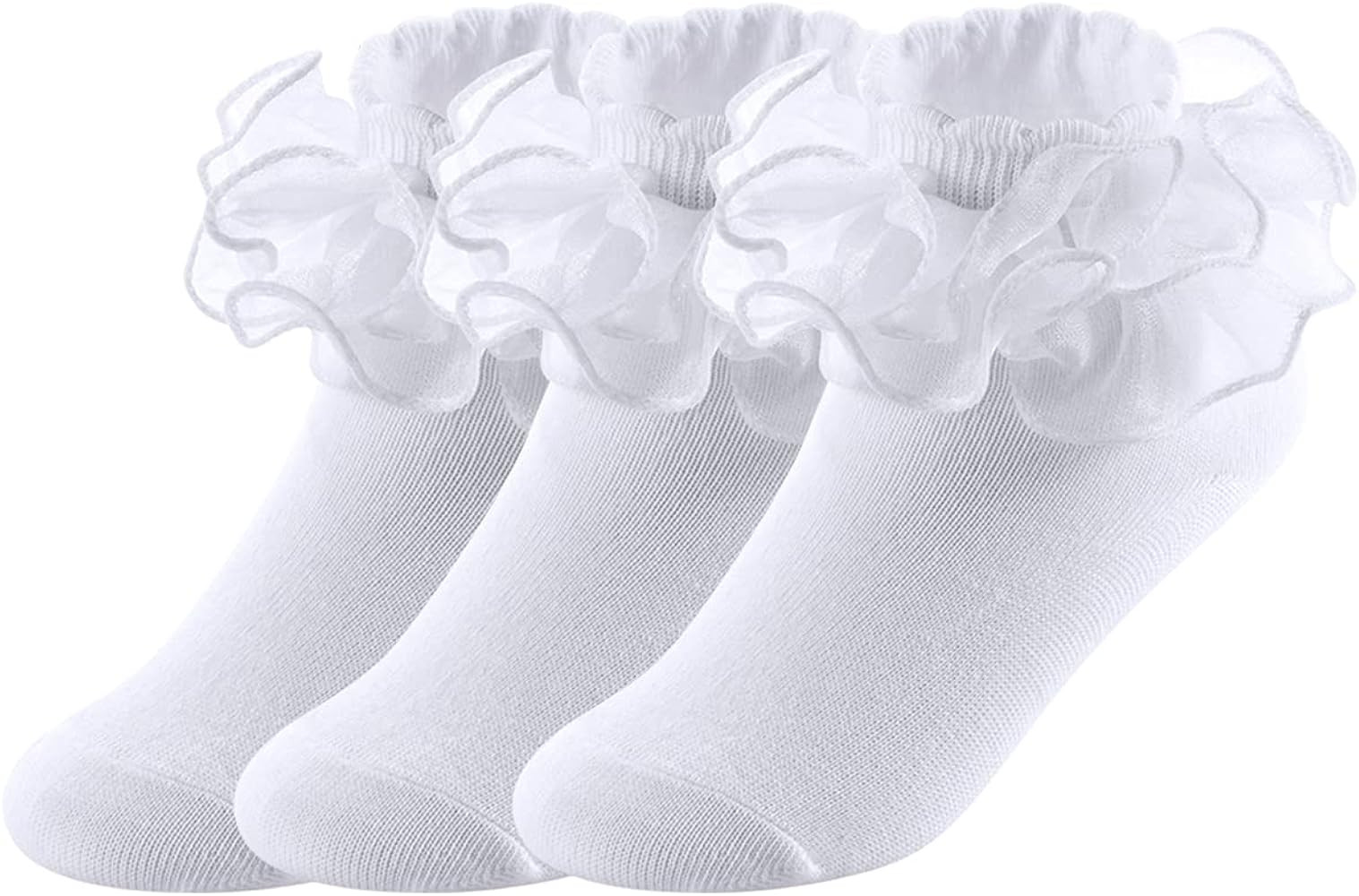 Big Girls Lace Socks Shimmering Cute Ruffle Comfortable Frilly Dress Ankle Socks 3 Pairs | Amazon (US)