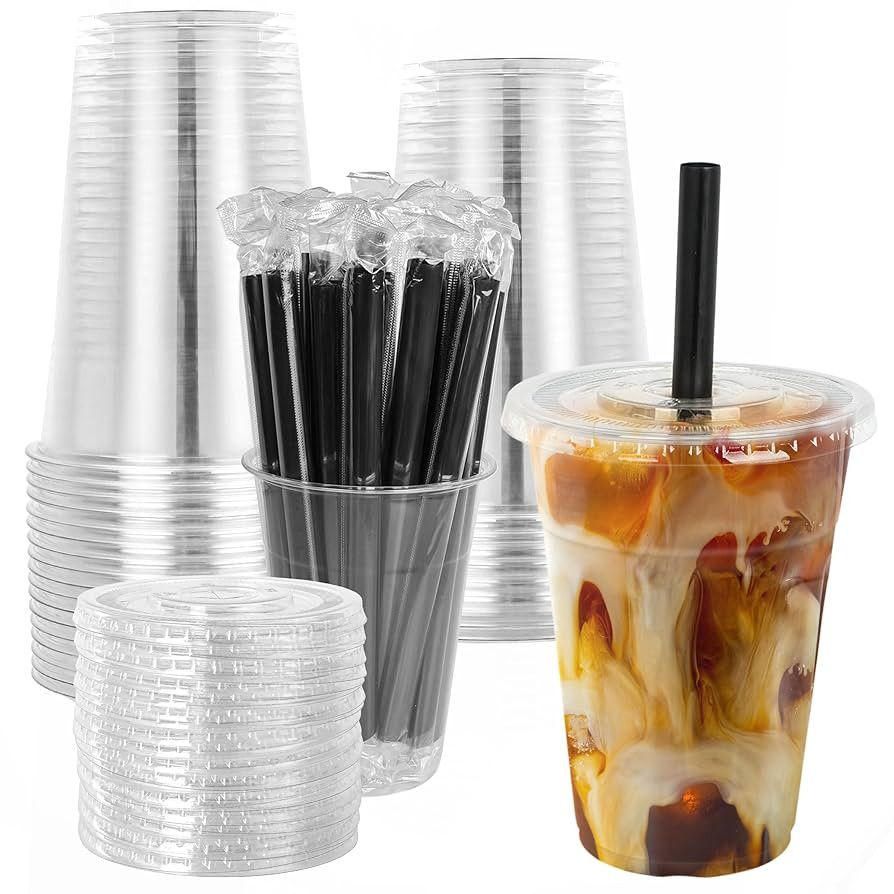 25 Sets - 16oz Disposable Clear Plastic Cups with Lids and Smoothies Straws Party Drinking Cups f... | Amazon (US)