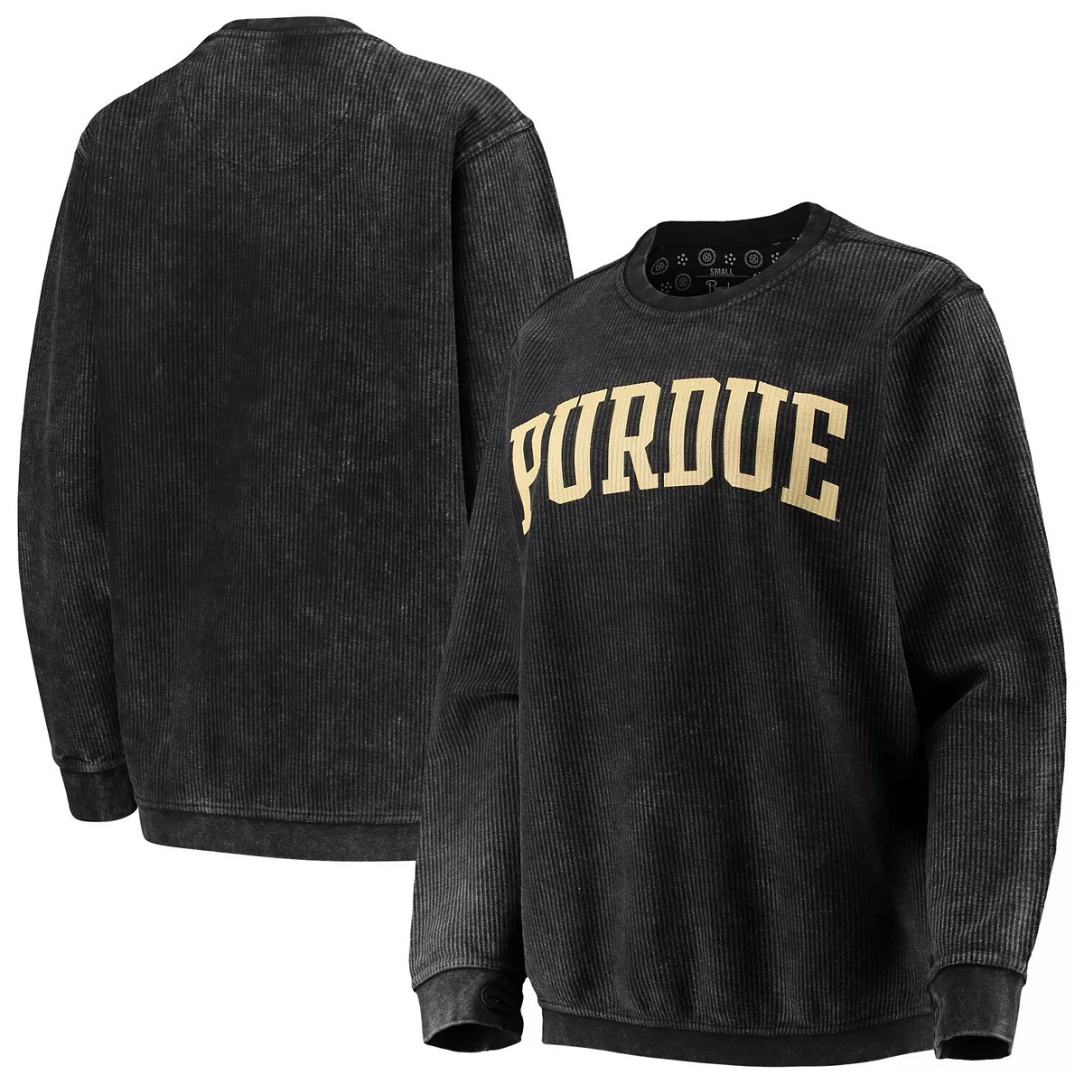Women's Pressbox Black Purdue Boilermakers Comfy Cord Vintage Wash Basic Arch Pullover Sweatshirt | Kohl's