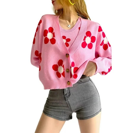 Women s Cropped Cardigans Floral Printed Button Down Long Sleeve Loose Knitted 90S Streetwear | Walmart (US)