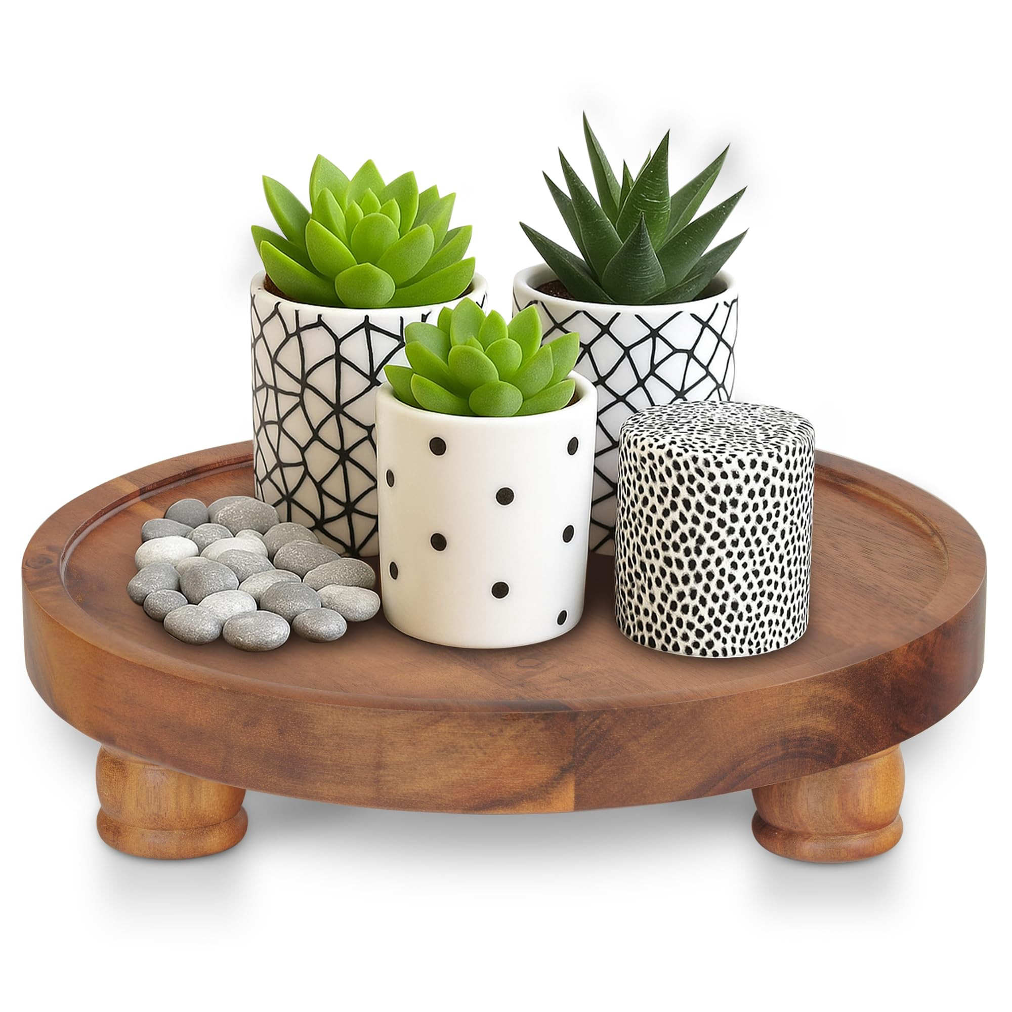 Demigo 10" Acacia Wood Round Tray - Decorative Plant Stand, Farmhouse Countertop Organizer, Multi... | Amazon (US)