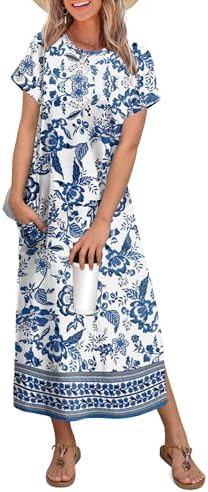 OFEEFAN Womens Maxi Dresses Casual Short Sleeve Long T Shirt Dress with Pockets Travel Vacation O... | Amazon (US)