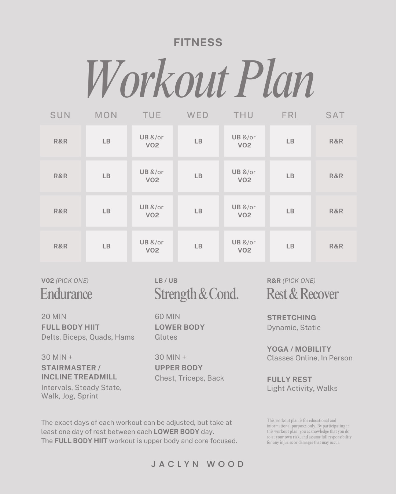 A balanced workout plan of strength and conditioning, endurance and cardiovascular training, as well as recovery days to either fully rest or lengthen and release tension in the body from your workouts and daily life. 

#LTKFitness #LTKBeauty #LTKHome