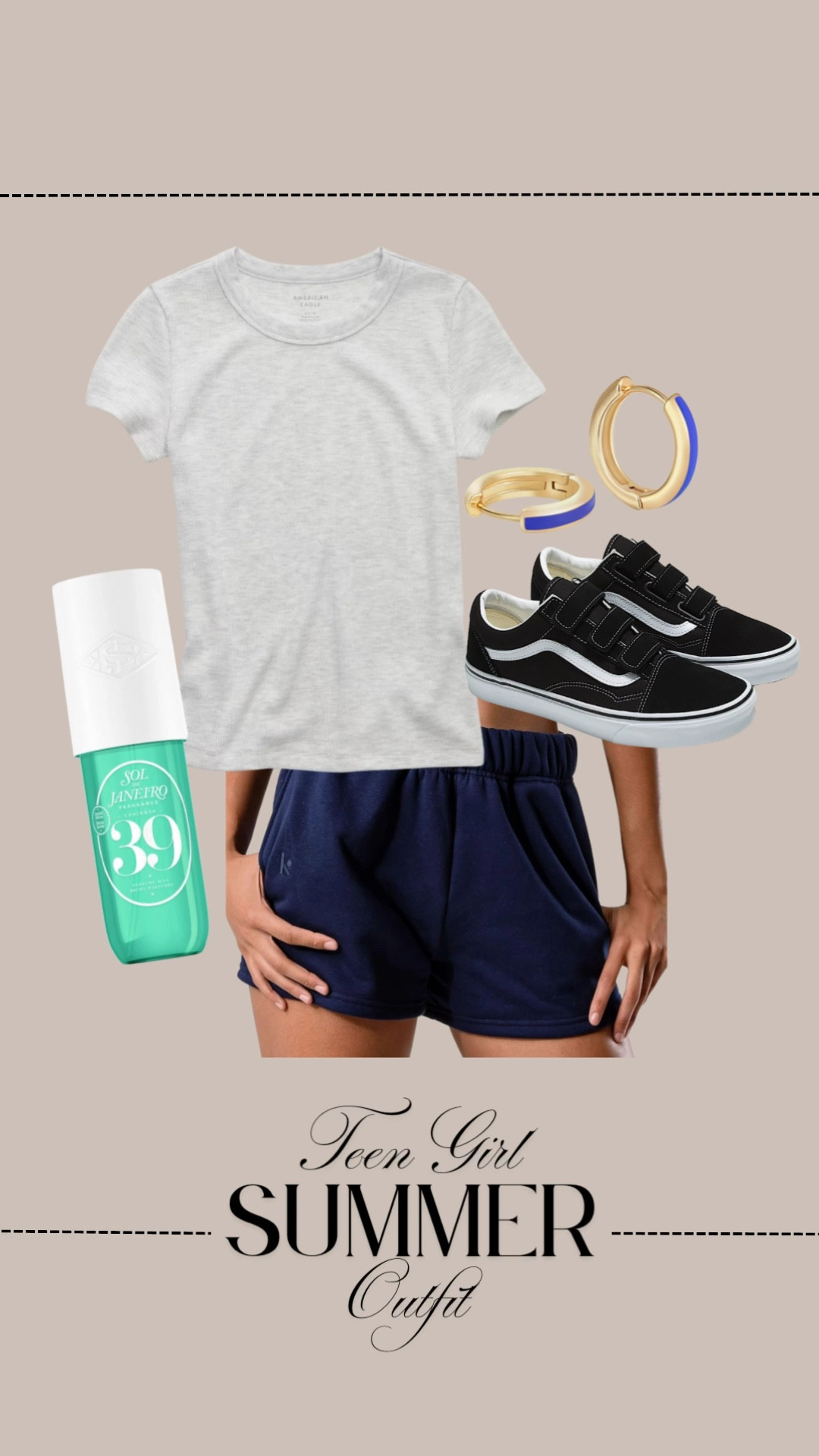 Easy summer style for teens! Grey tee, navy shorts, black Vans, and gold hoops with a pop of blue—freshened up with Sol de Janeiro 39. Comfy, cute, and ready for anything. #TeenSummerStyle #CasualOutfit #ComfyAndCute #SolDeJaneiro39 #TeenGirlOutfit