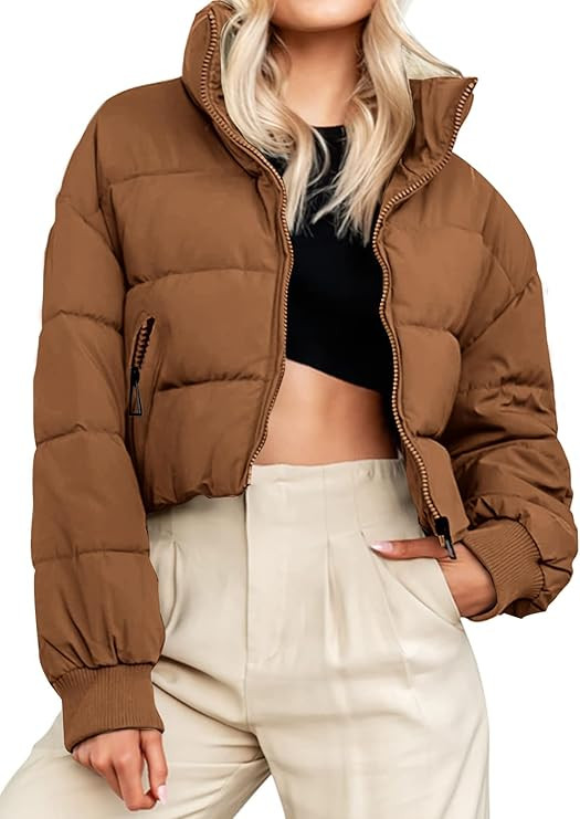 MEROKEETY Women's Winter Cropped Puffer Jacket Long Sleeve Oversized Stand Collar Zip-Up Short Co... | Amazon (US)