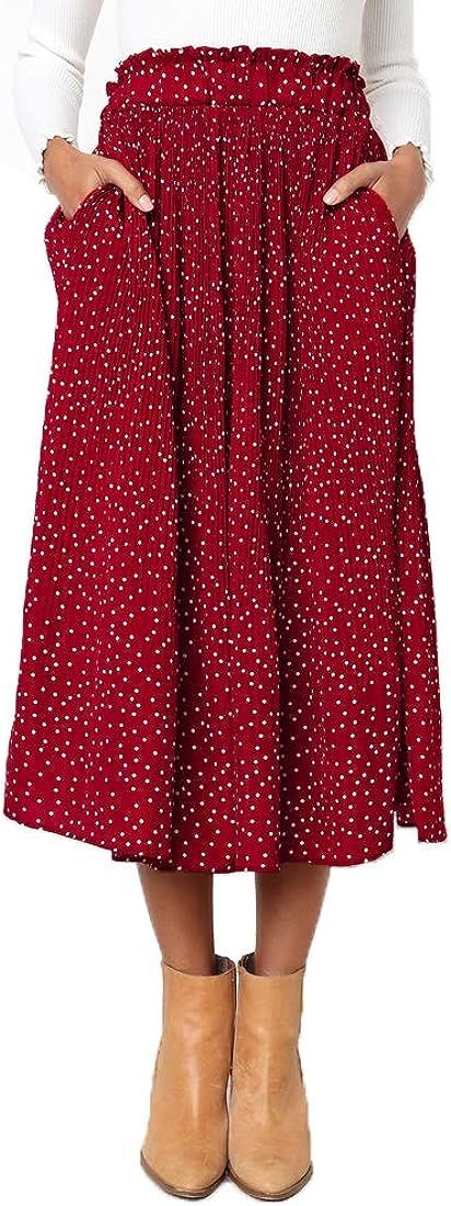 Womens High Waist Polka Dot Pleated Skirt Midi Swing Skirt with Pockets | Amazon (US)